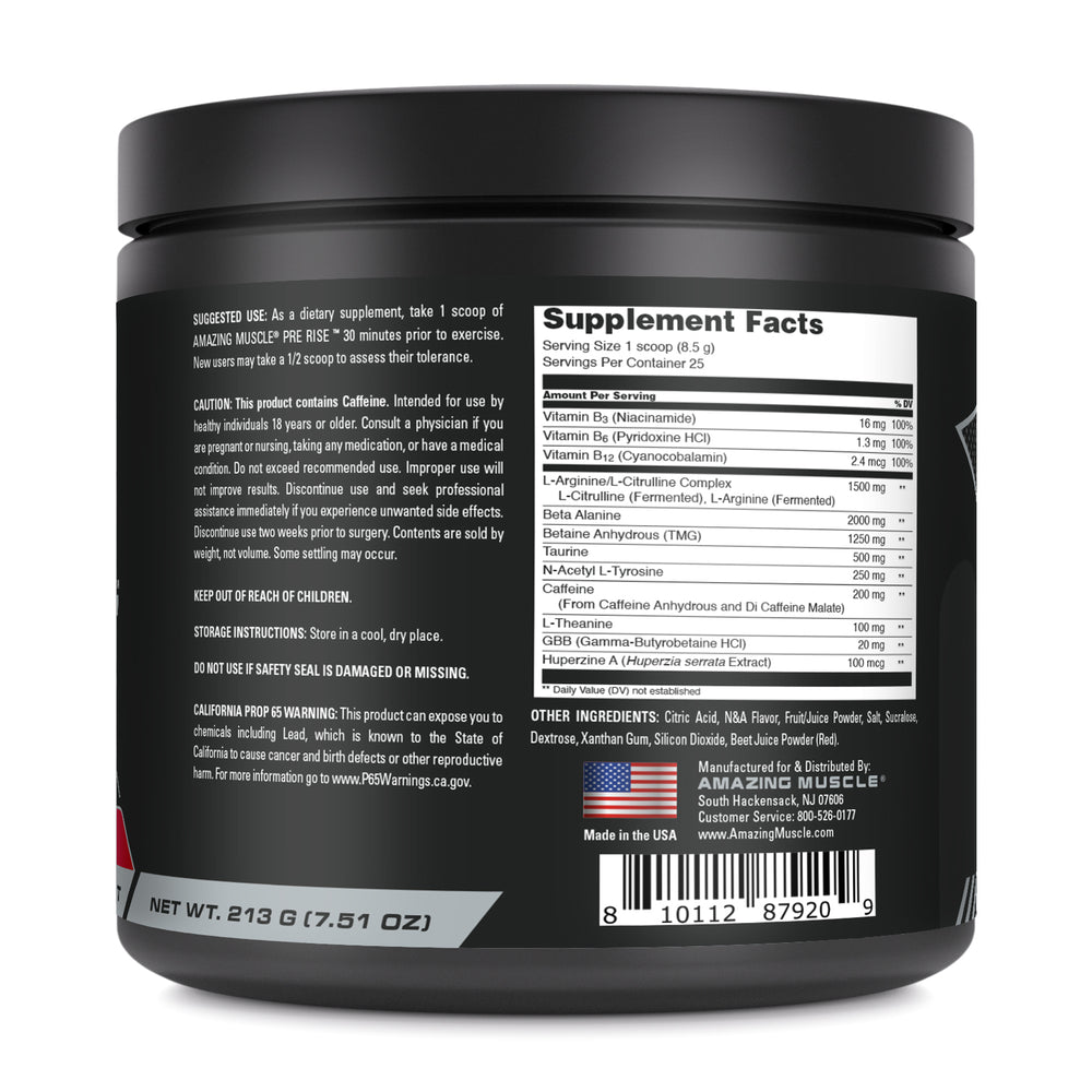 Amazing Muscle Pre Rise Pre-Workout Powder with Caffeine & Beta-Alanine for Men & Women | 25 Servings