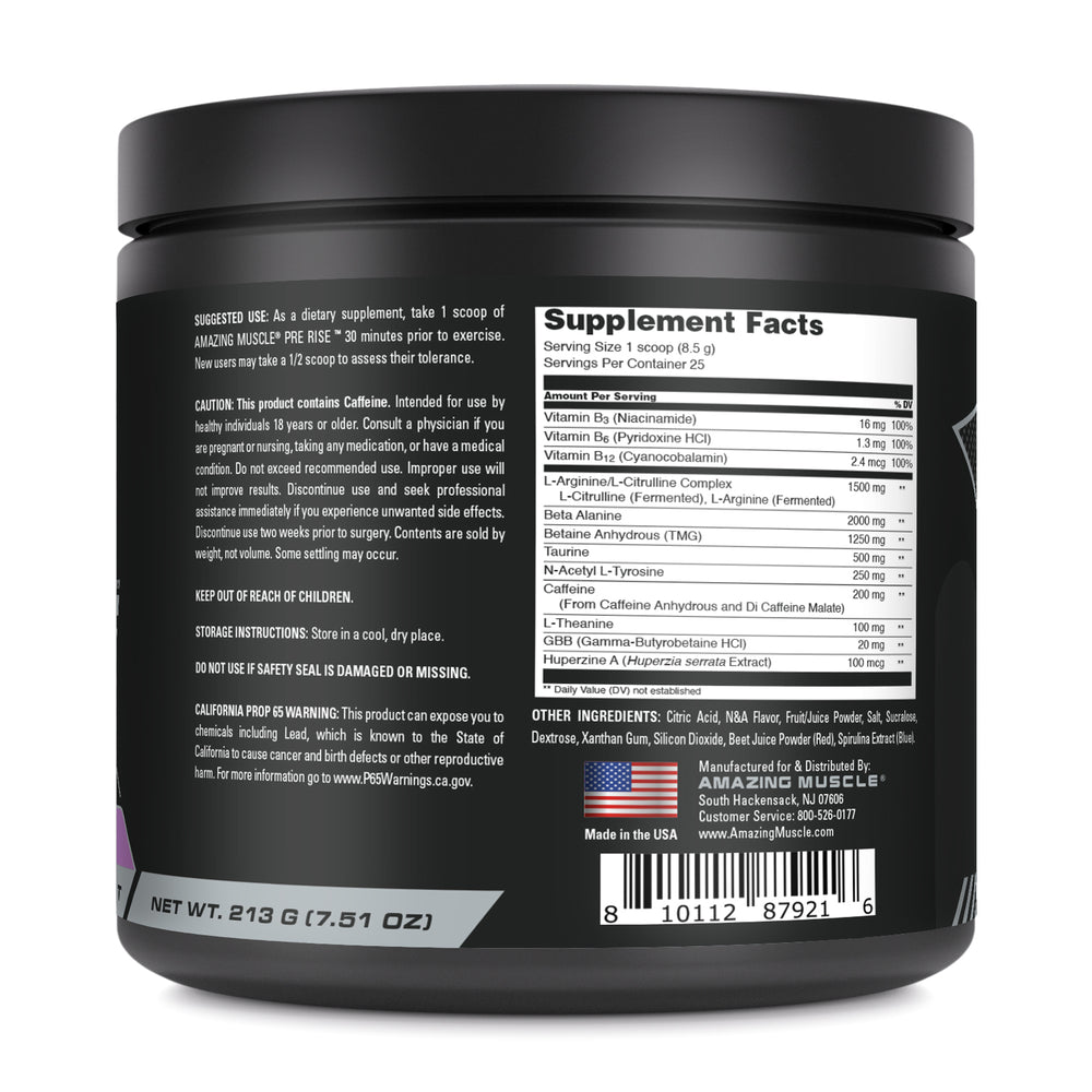 Amazing Muscle Pre Rise Pre-Workout Powder with Caffeine & Beta-Alanine for Men & Women | 25 Servings