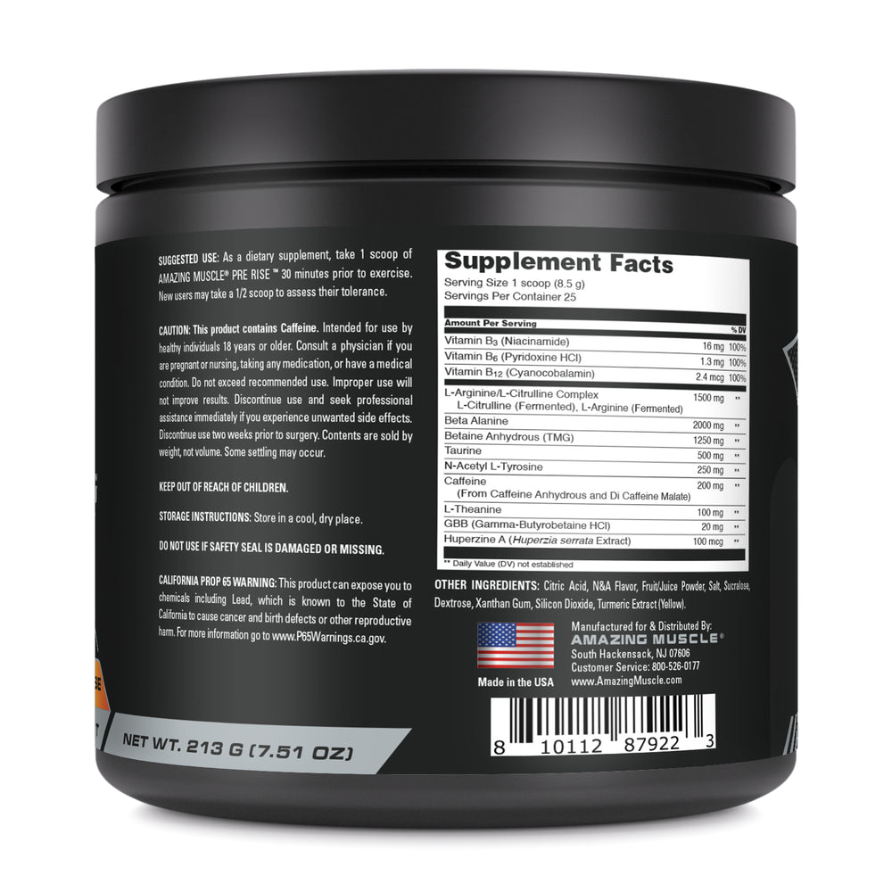 Amazing Muscle Pre Rise Pre-Workout Powder with Caffeine & Beta-Alanine for Men & Women | 25 Servings