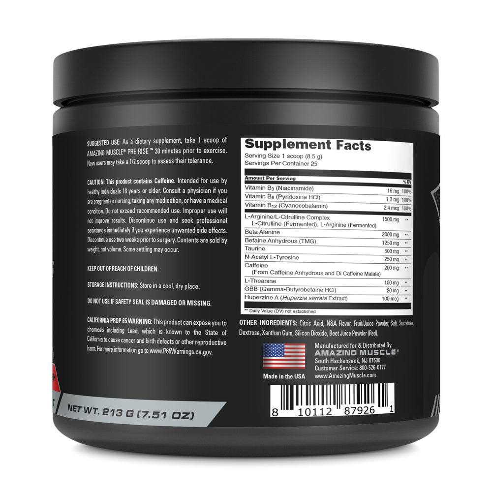 Amazing Muscle Pre Rise Pre-Workout Powder with Caffeine & Beta-Alanine for Men & Women | 25 Servings