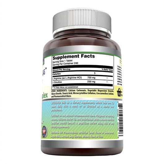 Amazing Formulas L-Arginine/L-Citrulline Complex 1000 Mg 240 Tablets