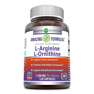 Amazing Formulas L-Arginine/L-Ornithine 1500 Mg Per Serving, 120 Capsules