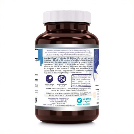 Amazing Flora Probiotic 10 Billion CFU 10 Probiotic Strains 120 Veggie Capsules