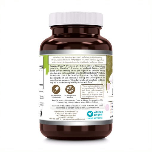 Amazing Flora Probiotic | 25 Billion CFU 10 Probiotic Strains | 60 Capsules