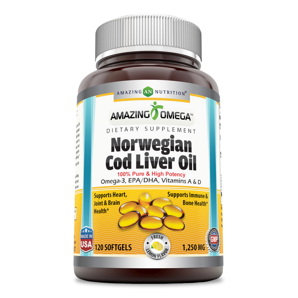 Amazing Omega Norwegian Cod Liver Oil - 1250 mg, 120 Softgels (Fresh Lemon Flavor)