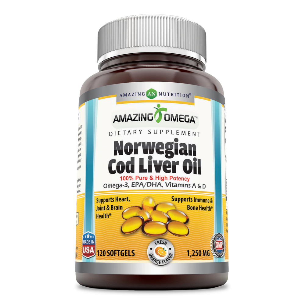 
                
                    Load image into Gallery viewer, Amazing Omega Norwegian Cod Liver Oil 1250mg 120 Softgels -Orange Flavor
                
            