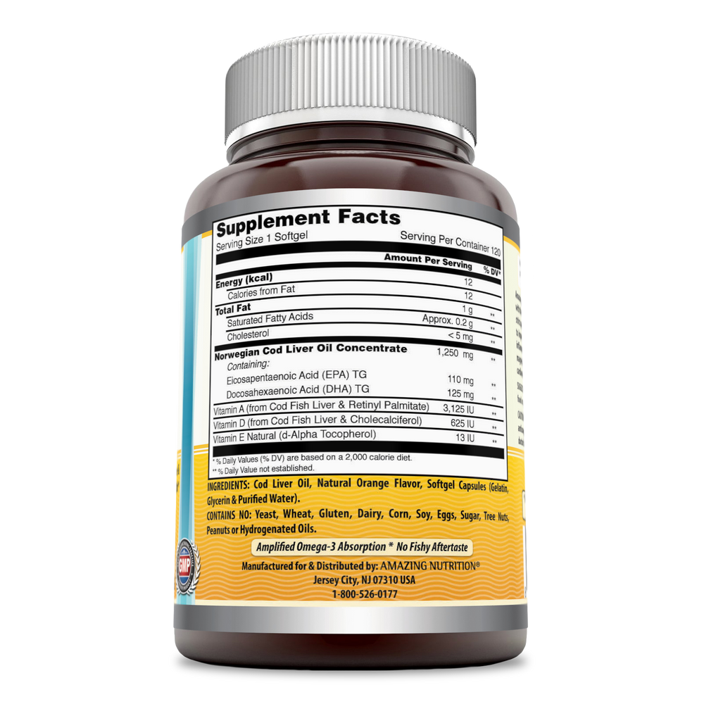Amazing Omega Norwegian Cod Liver Oil | 1250mg 120srvgs, Orange
