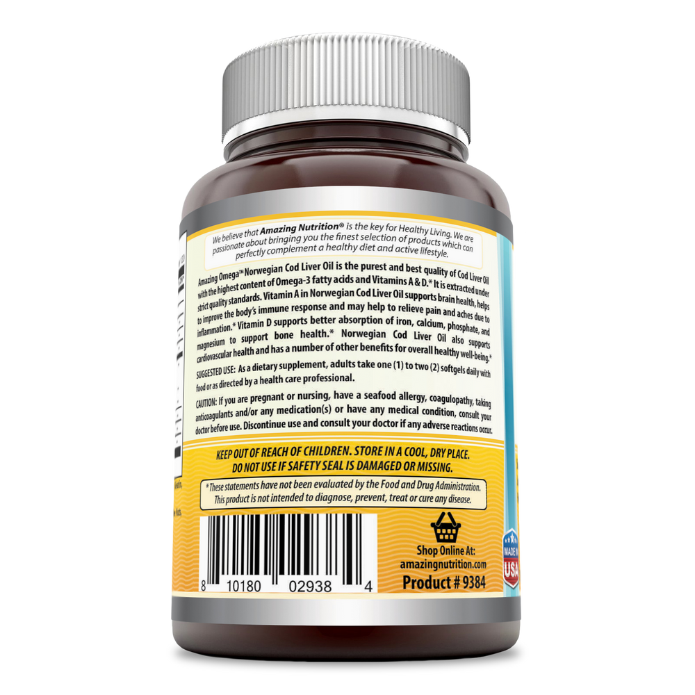 Amazing Omega Norwegian Cod Liver Oil | 1250mg 120srvgs, Orange