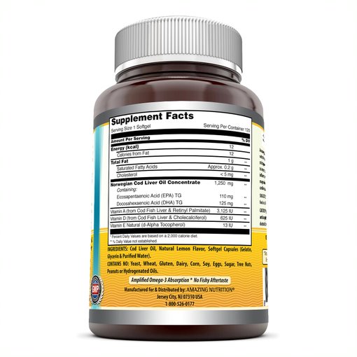 Amazing Omega Norwegian Cod Liver Oil | 1250mg 120srvgs, Lemon