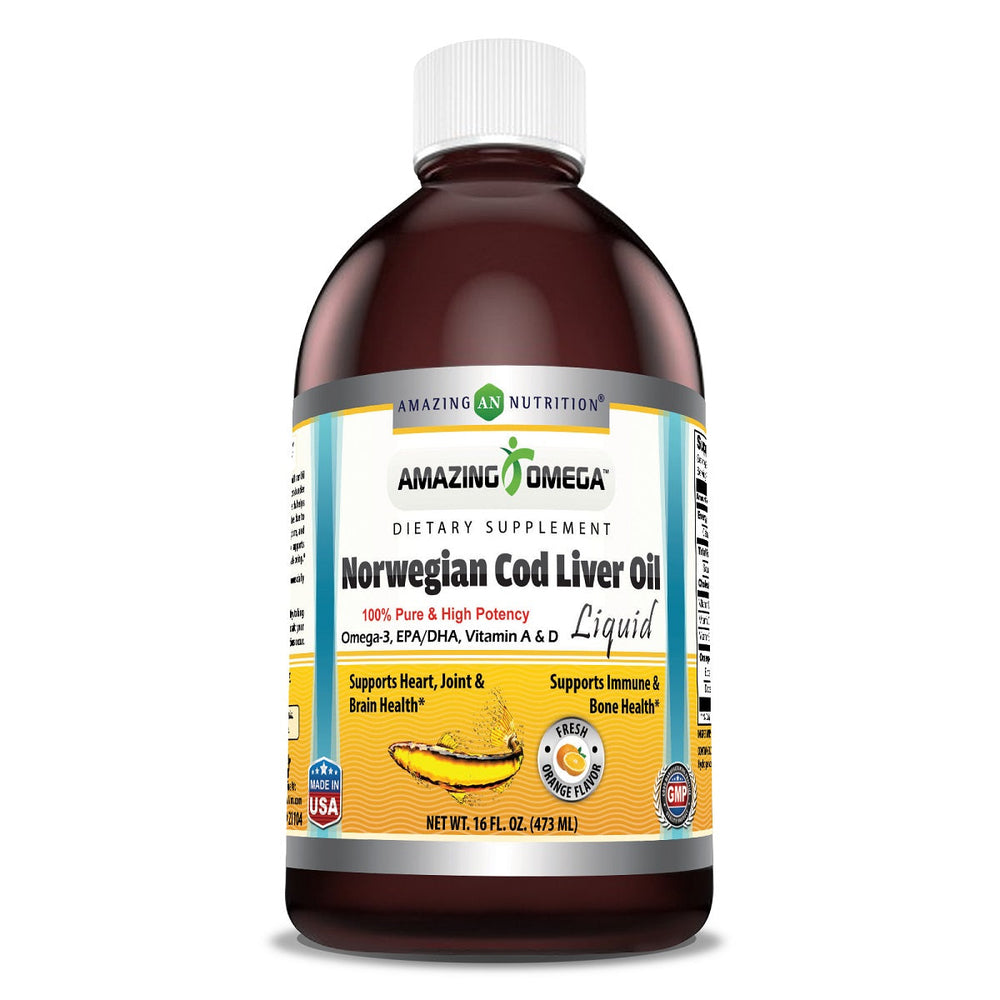 Amazing Omega Norwegian Cod Liver Oil 16 Oz 473 Ml, Fresh Orange Flavor