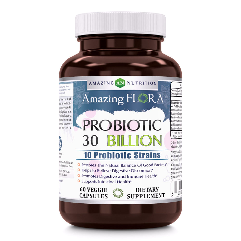 Amazing Flora 30 Billion Probiotic 10 Strains 60 Veggie Capsules - Amazing Nutrition