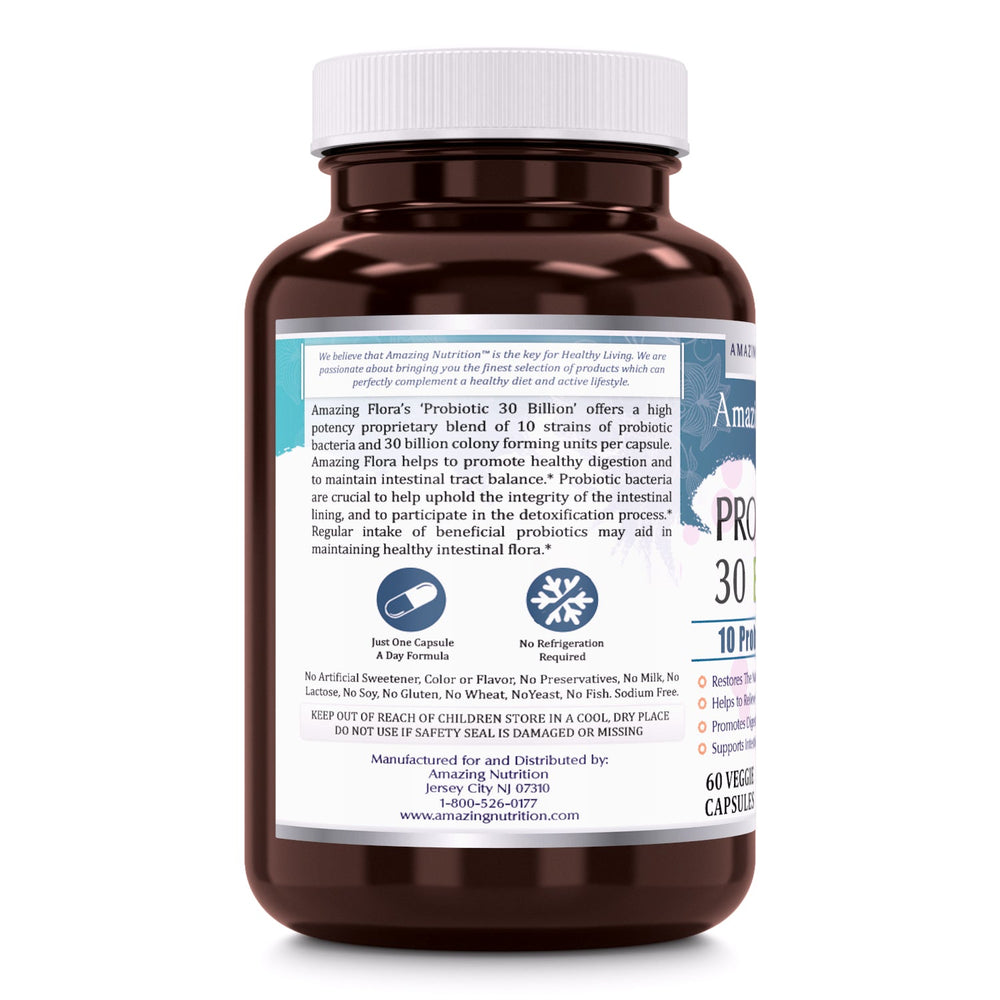 Amazing Flora 30 Billion Probiotic 10 Strains 60 Veggie Capsules - Amazing Nutrition