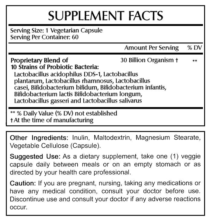 Amazing Flora Probiotic 30 Billion CFU 10 Probiotic Strains 60 Veggie Capsules