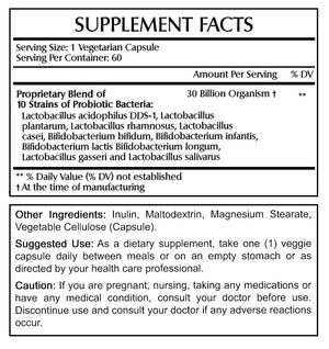 Amazing Flora Probiotic 30 Billion CFU 10 Probiotic Strains 60 Veggie Capsules
