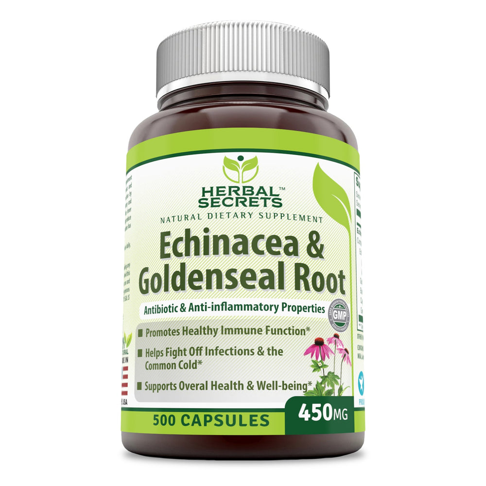 
                
                    Load image into Gallery viewer, Herbal Secrets Echinacea &amp;amp; Goldenseal Root 450 Mg 500 Capsules
                
            