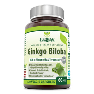 Herbal Secrets Ginkgo Biloba Supplement 60 mg 120 Veggie Capsules