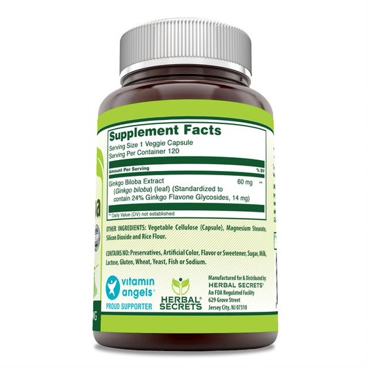 Herbal Secrets Ginkgo Biloba Supplement 60 mg 120 Veggie Capsules