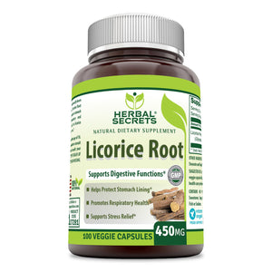
                
                    Load image into Gallery viewer, Herbal Secrets Licorice Root 450 Mg 100 Veggie Capsules
                
            